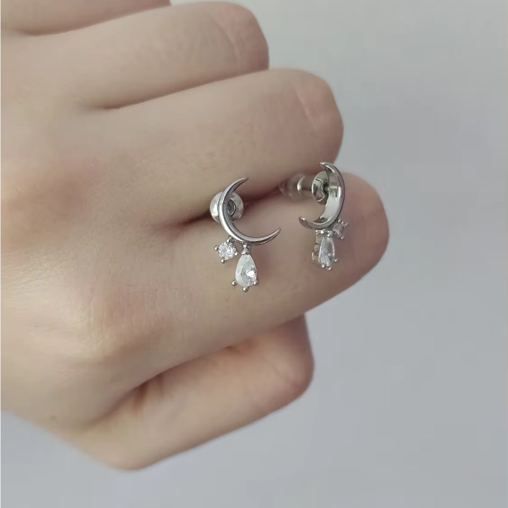 Tiny Silver Crescent Moon Post Back Dangle Earrin… - image 4